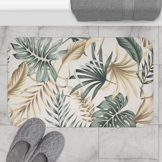 Plant Bath Mat, Botanical Bath Mat, Tropical Bathroom, Plant Bathroom Rug, Gold Green, Tropical Bath Mat, Coastal Bathroom, Monstera Decor