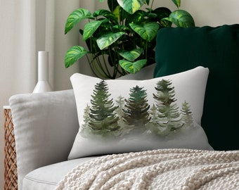 Pine Tree Pillow Nature Throw: Forest Watercolor Design, Green Polyester Fabric (14x20 Inches, Indoor Use)