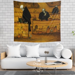 May include: A tapestry featuring a painting of three skeletons dressed in black robes tending to a garden. The skeletons are watering plants, holding flowers, and looking at the viewer. The background is a yellow-brown color with a variety of plants and flowers.