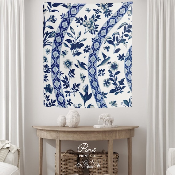 Blue Tapestry, Chinoiserie Art, Blue Wall Art, Botanical Tapestry, Floral Tapestry, Bird Tapestry, Bird Decor, Vintage Tapestry, Blue Decor