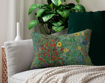 Cojín lumbar Klimt: Arte de girasoles de Gustav Klimt - Tema botánico verde, funda de poliéster, cojín decorativo para interiores