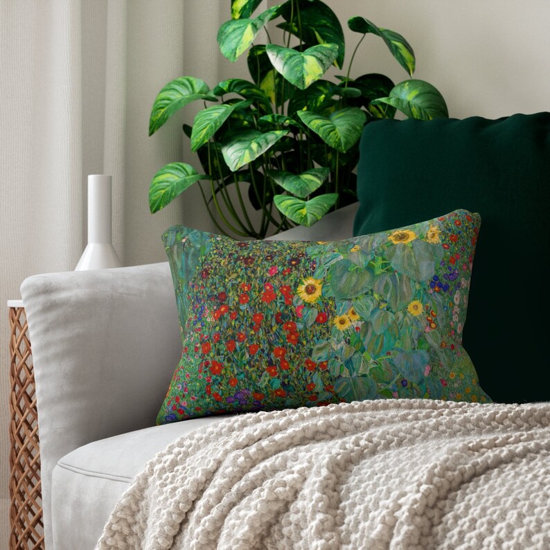 Klimt Pillow, Gustav Klimt, Lumbar Pillow, Green Pillow, Sunflower Pillow, Garden Pillow, Botanical Pillow, Plant Pillow, Green Lumbar image 1