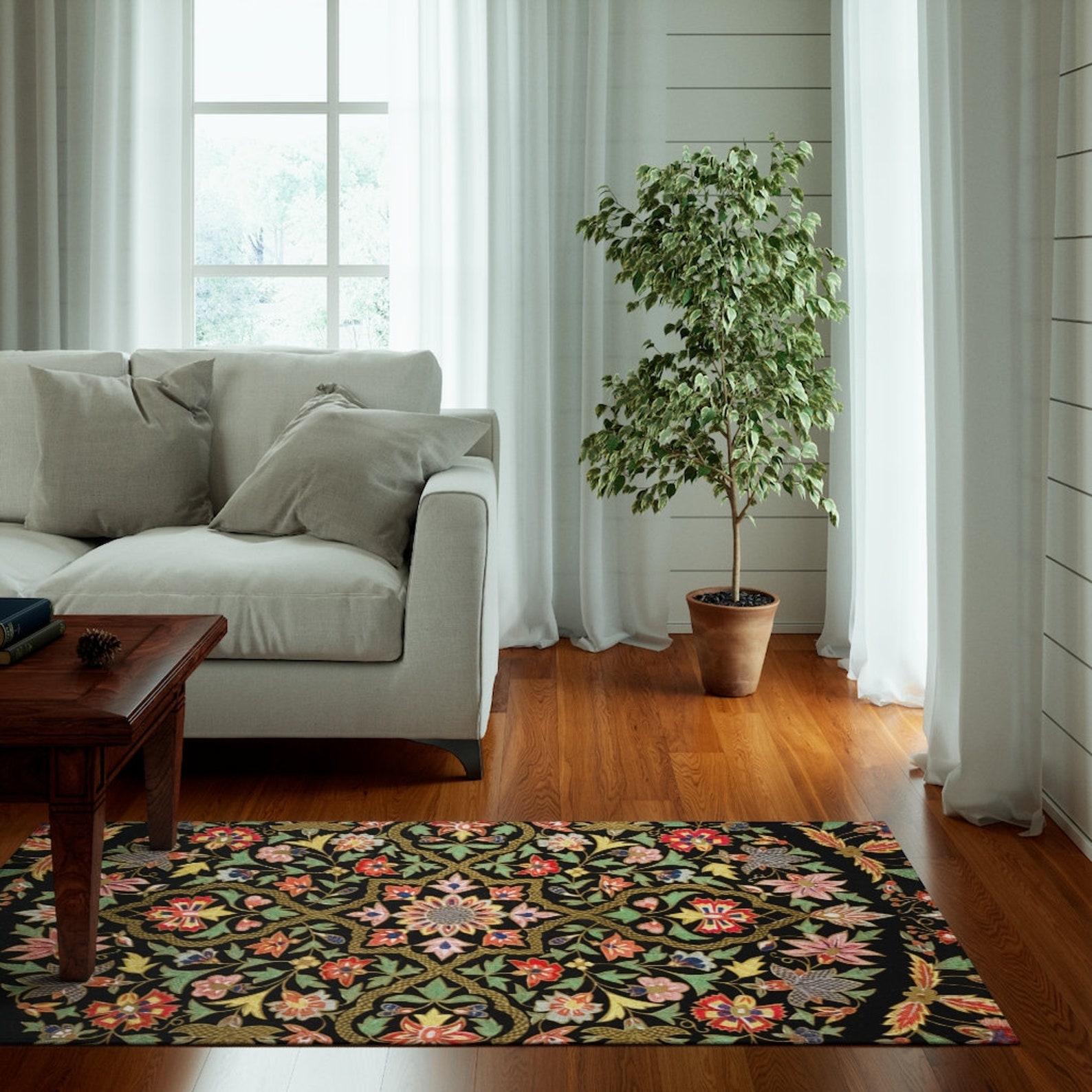 Black Area Rug Floral Rug Cottagecore Rug Mandala Rug Etsy