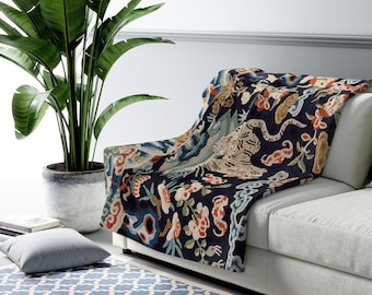 Tiger Sherpa Blanket | Asian Military Rank Embroidery Fleece Throw, Vintage Chinese Plush Essential