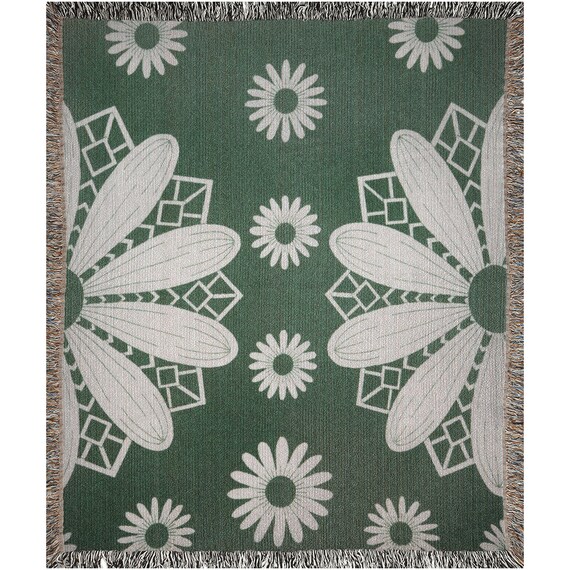 Floral Blanket, Green Woven Blanket, 70s Throw, Flower Bedding, Plant Throw, Flower Blanket, 70s Flowers, Green Bedding, Botanical Blanket
