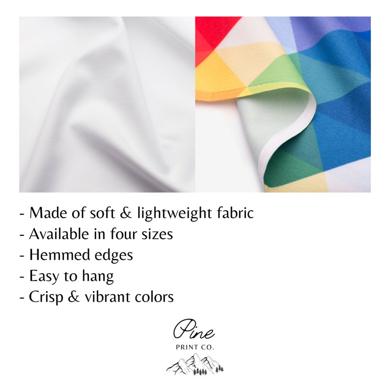 May include: A close-up of a white fabric backdrop with a colorful geometric pattern. The fabric is soft and lightweight, with hemmed edges. The text "Made of soft & lightweight fabric", "Available in four sizes", "Hemmed edges", "Easy to hang", "Crisp & vibrant colors", and "Pine PRINT CO." is visible in the image.