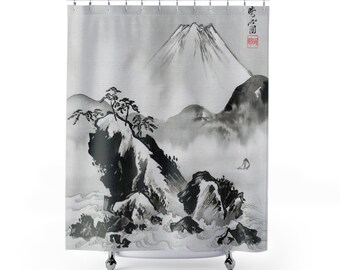 Japanese Shower Curtain | Mount Fuji Art, Black White Bathroom, Vintage Asian Bathroom Decor