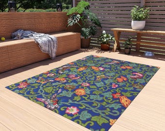 Chinese Blue Area Rug | Floral Botanical Decor