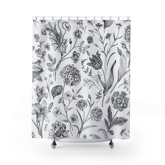Plant Shower Curtain, Botanical Bathroom, Nature Shower Curtain, White Shower Curtain, Boho Shower Curtain, Botanical Decor, Plant Sketch