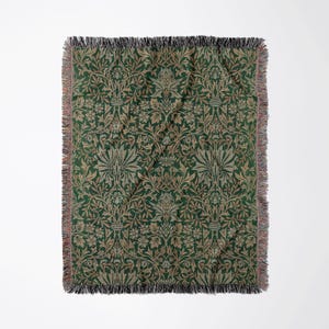 Green William Morris Floral Woven Blanket | Art Nouveau Heirloom Cotton Throw, Botanical Painting Wall Tapestry