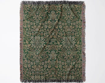 Green William Morris Floral Woven Blanket | Art Nouveau Heirloom Cotton Throw, Botanical Painting Wall Tapestry