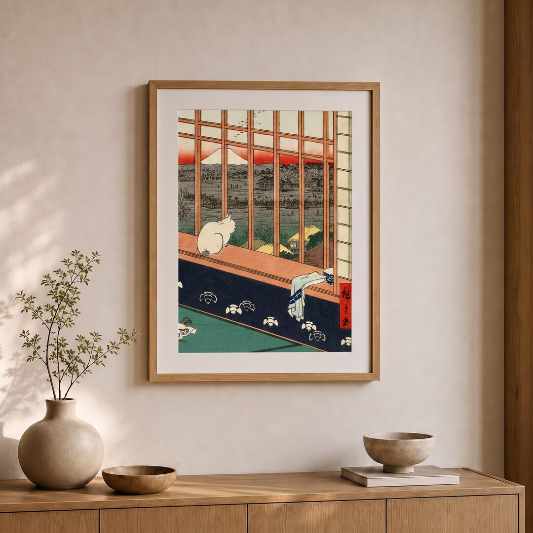 日本の猫のヴィンテージ木版画壁掛け | 浅草田田広重美術館ポスター