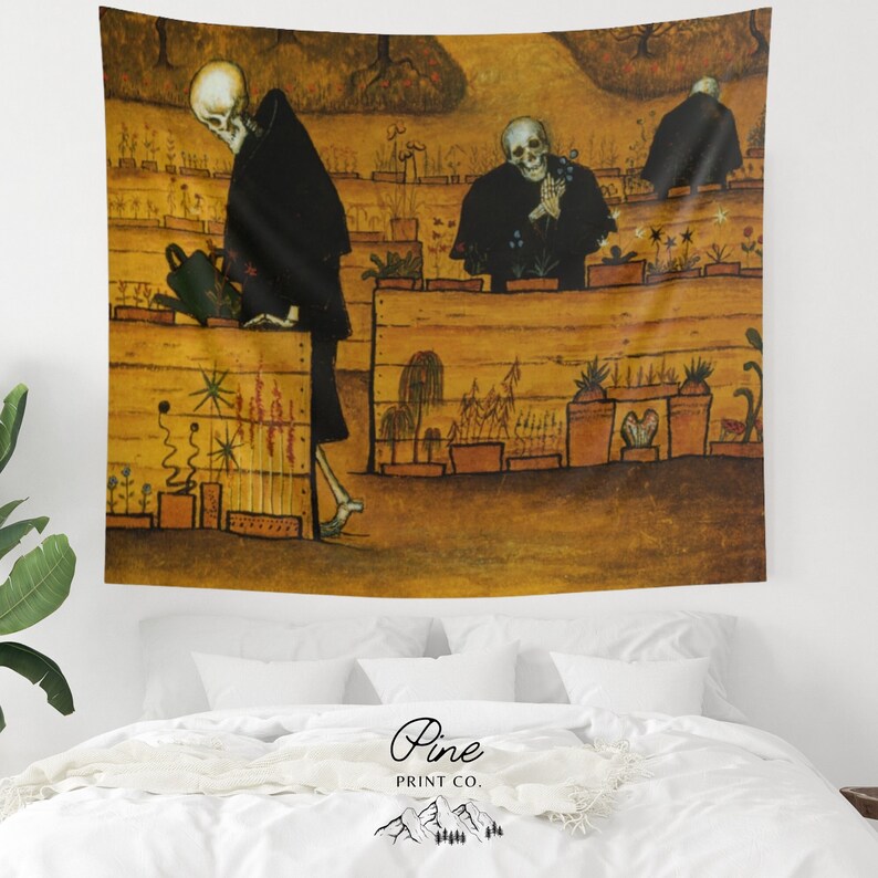 May include: A tapestry featuring a painting of three skeletons tending to a garden. The skeletons are dressed in black robes and are surrounded by various plants and flowers. The background is a muted yellow with hints of green and brown.
