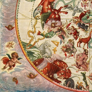 May include: A vintage celestial map with constellations illustrated in a colorful, detailed style. The map features the constellations Aries, Taurus, Gemini, Orion, and others. The constellations are depicted with mythological figures and stars.