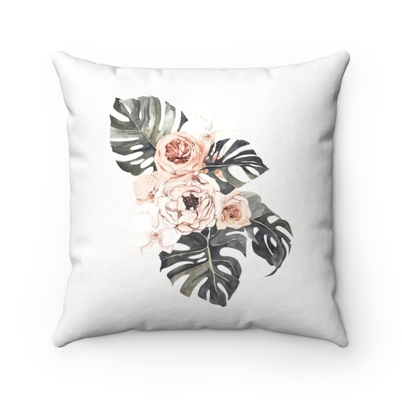 Plant Pillow, Botanical Pillow, Rose Pillow, Tropical Decor, Pink Pillow, Monstera Pillow, Floral Pillow, Monstera Decor, Tropical Plant