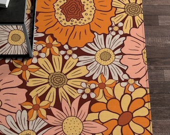 花柄ラグ、70 年代ラグ、70 年代装飾、花柄ラグ、花柄エリアラグ