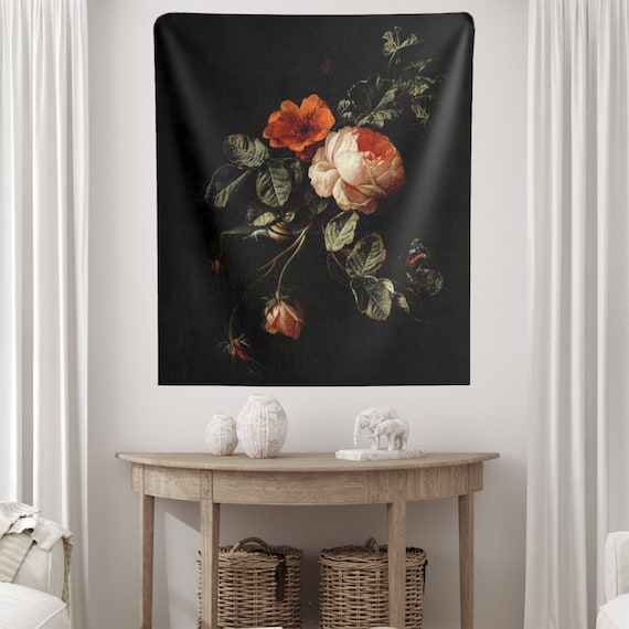 Black Tapestry, Floral Tapestry, Renaissance Tapestry, Butterfly Tapestry, Vintage Tapestry, Rose Wall Art, Rose Painting, Vintage Floral