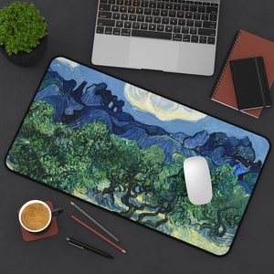 Van Gogh Desk Mat, Blue Desk Mat, Tree Desk Mat, Nature Desk Mat, Van Gogh Decor, Nature Office, Green Desk Mat, Botanical Decor
