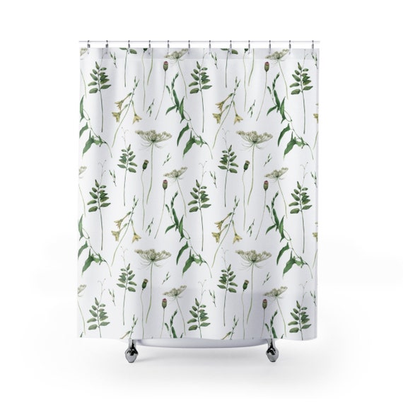 White Shower Curtain, Plant Shower Curtain, Green Shower Curtain, White Bathroom, Plant Bathroom, Nature Bathroom, Botanical Decor