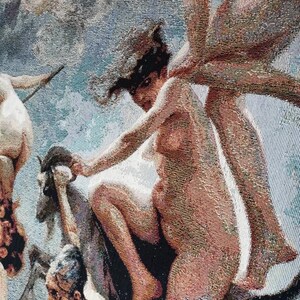 May include: A tapestry depicting a scene with three figures. The figures are nude and appear to be in a state of motion. The tapestry is woven with a variety of colours, including brown, white, and blue.