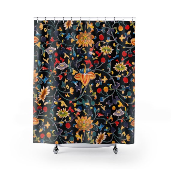 Black Shower Curtain, Floral Shower Curtain, Botanical Decor, Vintage Floral, Black Bathroom, Nature Bathroom, Black Curtain, Black Floral