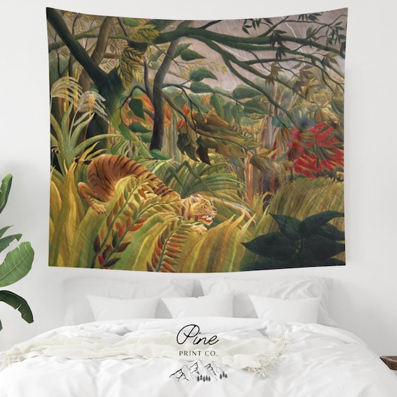 Tiger Tapestry, Henri Rousseau, Jungle Tapestry, Tiger Wall Art, Tiger Painting, Tropical Wall Art, Vintage Tiger, Art Tapestry, Tiger Gift