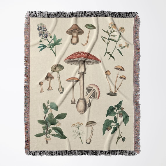 Mushroom Blanket, Woven Blanket, Cottagecore Blanket, Forest Blanket, Botanical Blanket, Boho Blanket, Plant Throw, Nature Blanket, Tapestry