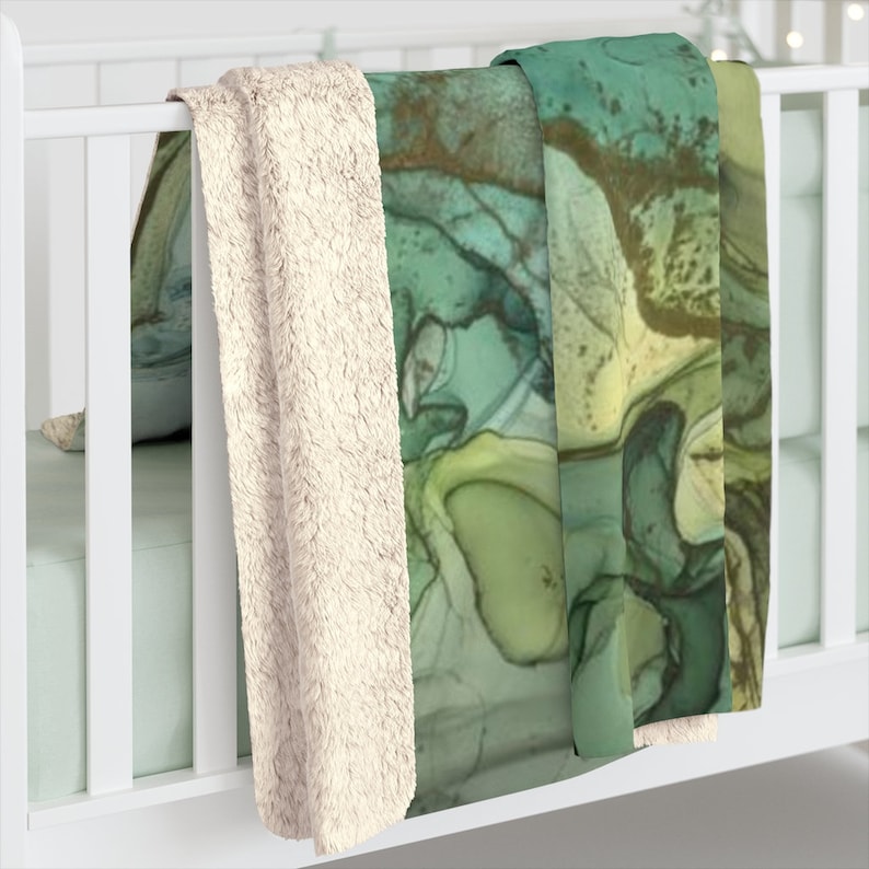 Grüne Decke, Sherpa-Decke, Aquarelldecke, Grüne Decke, Grüne Bettwäsche, Aquarellmalerei, Salbeigrün, Dunkelgrüne Decke Bild 5
