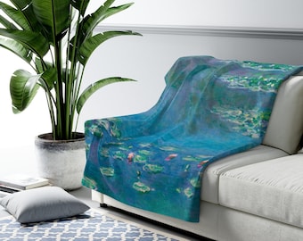 Manta Monet, Manta Claude Monet, Manta de sherpa, Manta azul, Nenúfares, Nenúfares de Monet, Manta de bellas artes, Regalo artístico