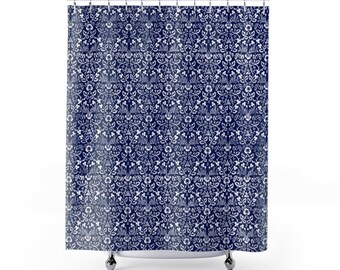 Cortina de ducha azul, Art Nouveau, William Morris, Decoración de baño azul, Azul cobalto, Cortina de ducha bohemia, Cortina de ducha azul y blanca