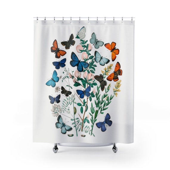 Butterfly Shower Curtain, Botanical Shower, Butterfly Bathroom, Butterfly Decor, Vintage Butterfly, Nature Shower, Botanical Bathroom
