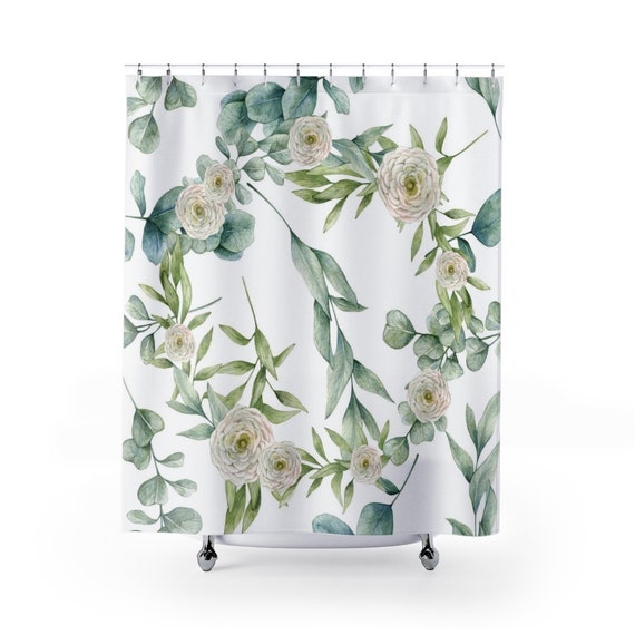 Plant Shower Curtain, Green Shower Curtain, Nature Decor, Floral Curtain, Plant Watercolor, White Shower Curtain, Plant Home Decor