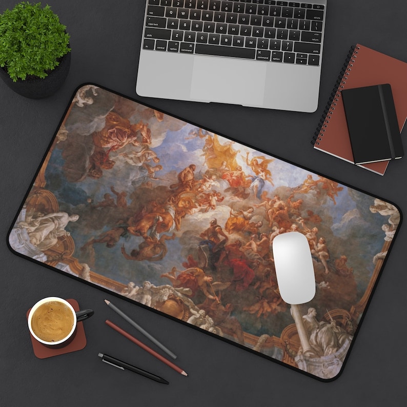 May include: A colorful mousepad featuring a detailed painting of a ceiling fresco with figures and clouds. The painting is in shades of gold, blue, white, and red.