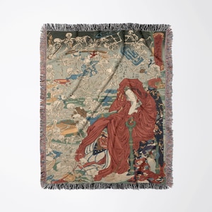 Japanese Blanket, Woven Blanket, Skeleton Blanket, Hell Courtesan, Japanese Decor, Kawanabe Kyosai, Vintage Blanket, Japanese Woodcut