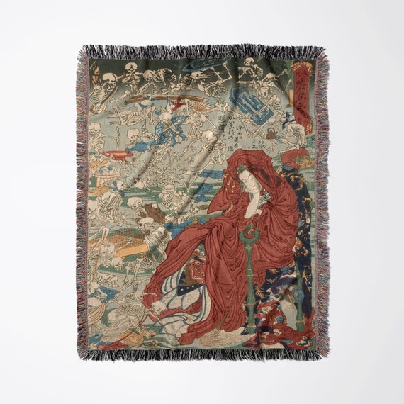 Japanese Blanket, Woven Blanket, Skeleton Blanket, Hell Courtesan, Japanese Decor, Kawanabe Kyosai, Vintage Blanket, Japanese Woodcut