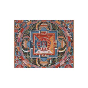 May include: A colorful mandala with intricate details and geometric patterns. The mandala is surrounded by a ring of figures and symbols. The central square is divided into four sections, each with a different color and design.