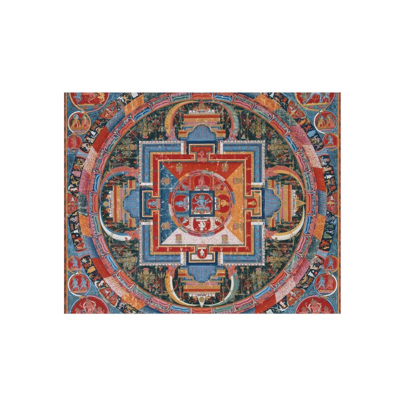 May include: A colorful mandala with intricate details and geometric patterns. The mandala is surrounded by a ring of figures and symbols. The central square is divided into four sections, each with a different color and design.