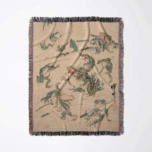 Japanese War Of The Frogs Woven Blanket | Kawanabe Kyosai Vintage Cotton Throw, Whimsical Fine Art Wall Tapestry