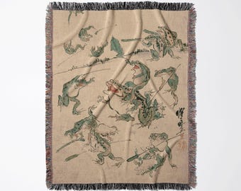 Japanese War Of The Frogs Woven Blanket | Kawanabe Kyosai Vintage Cotton Throw, Whimsical Fine Art Wall Tapestry