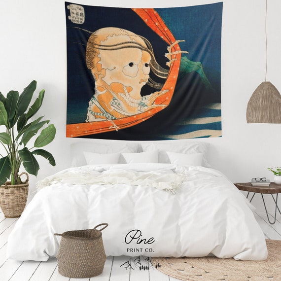 Japanese Tapestry, Hokusai Tapestry, Skull Tapestry, Dorm Tapestry, Vintage Japan, Japanese Decor, Skeleton Decor, Halloween Tapestry