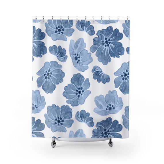 Blue Shower Curtain, Blue Bathroom Decor, Floral Shower Curtain, Blue Watercolor, Boho Shower Curtain, Boho Bathroom, Blue Flower