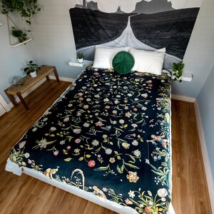 Black Floral Sherpa Blanket | Botanical Boho Pattern Fleece Throw, Cottagecore Inspired Plush Essential image 1