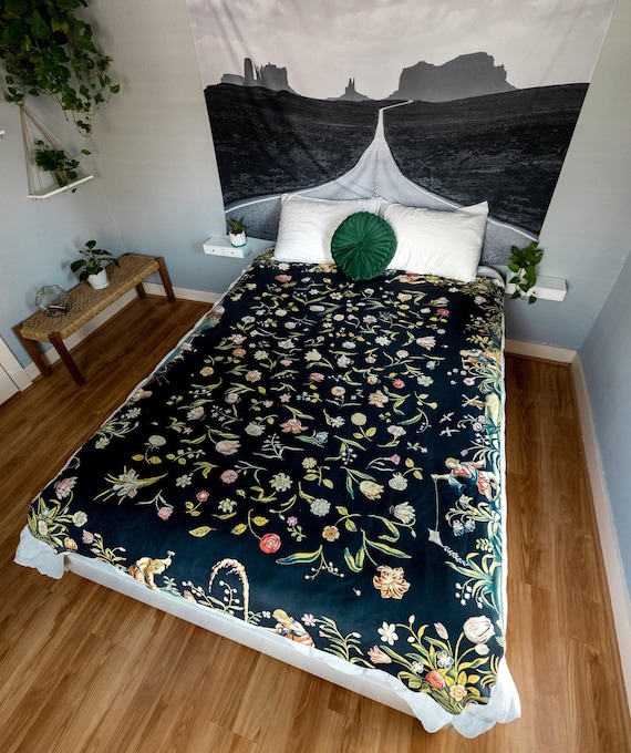 Black Floral Sherpa Blanket | Botanical Boho Pattern Fleece Throw, Cottagecore Inspired Plush Essential