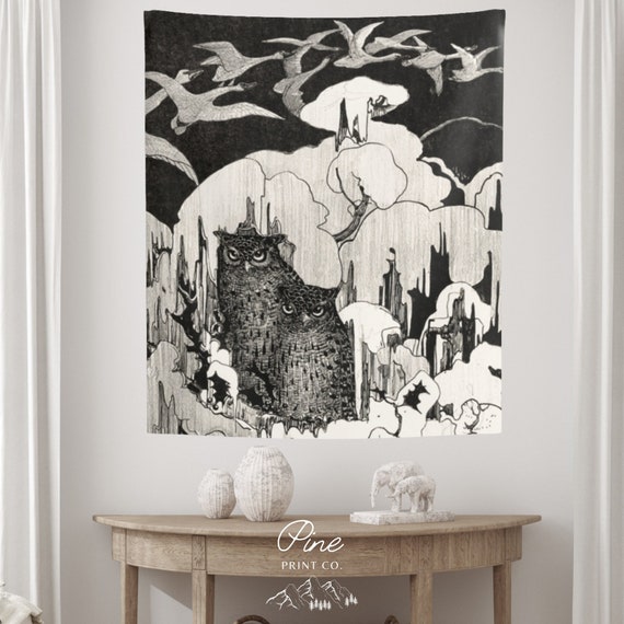 Owl Tapestry, Owl Decor, Gothic Tapestry, Owl Art, Halloween Tapestry, Black White Tapestry, Vintage Tapestry, Owl Illustration, Vintage Owl