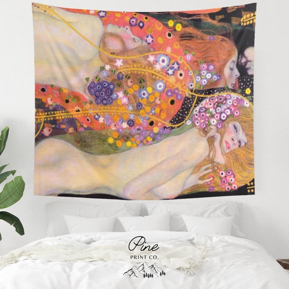 Klimt Tapestry, Water Serpents, Gustav Klimt, Nude Woman, Painting Tapestry, Retro Wall Hanging, Boho Tapestry, Woman Art, Mermaid Decor