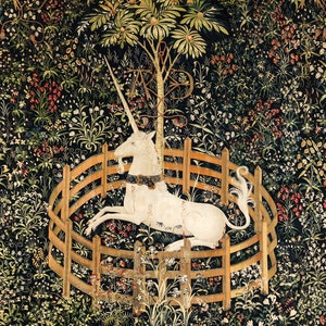 May include: A white unicorn with a golden horn lies down in a circular wooden fence. The unicorn is surrounded by a lush green forest with a variety of flowers and plants. The unicorn is wearing a golden collar with a red ribbon.