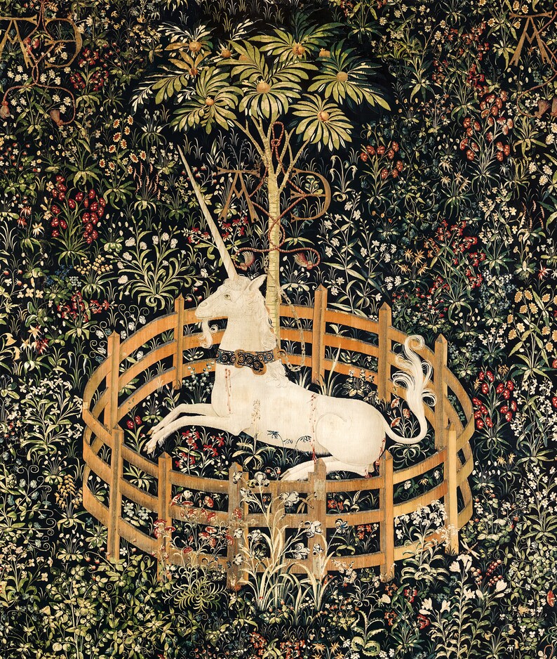 May include: A white unicorn with a golden horn lies down in a circular wooden fence. The unicorn is surrounded by a lush green forest with a variety of flowers and plants. The unicorn is wearing a golden collar with a red ribbon.
