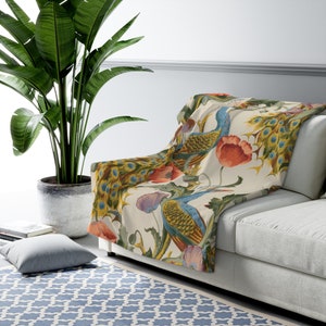 Peacock Blanket, Peacock Decor, Vintage Blanket, Peacock Painting, Vintage Bird, Peacock Art, Vintage Throw, Floral Blanket, Sherpa Blanket