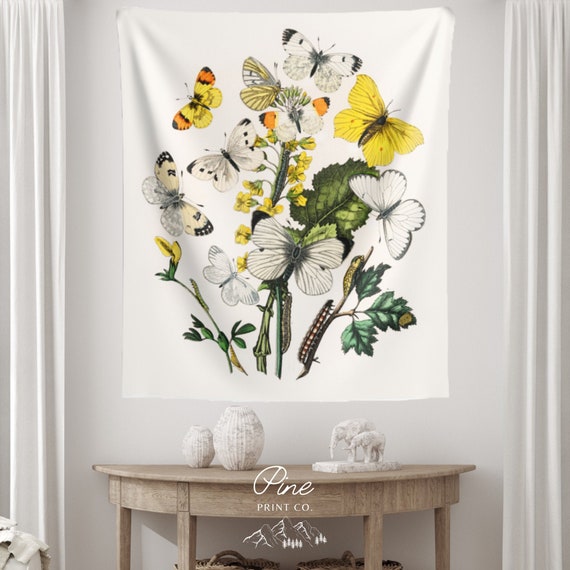 Yellow Tapestry, Butterfly Tapestry, Moth Tapestry, Vintage Tapestry, Botanical Tapestry, Moth Decor, Yellow Wall Art, Vintage Nature