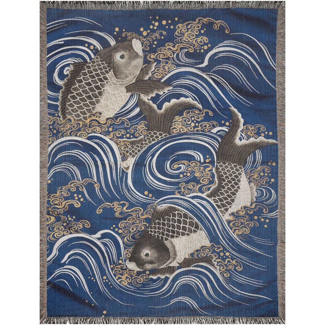 Japanese Blanket Blue Woven Blanket Koi Fish Japanese Etsy